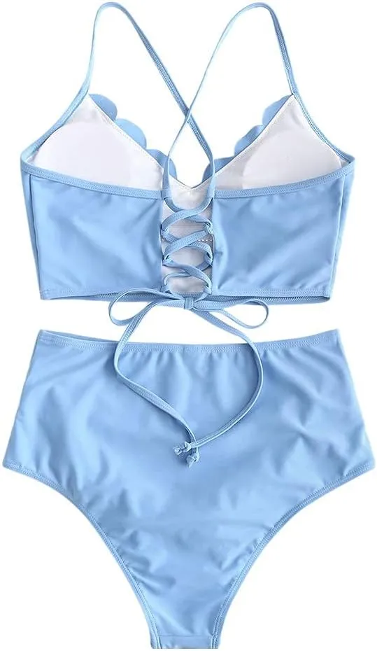 ZAFUL Women's Crisscross Ruched High Waisted Bottom Bikini Set Two Piece Swimsuit Tankini
