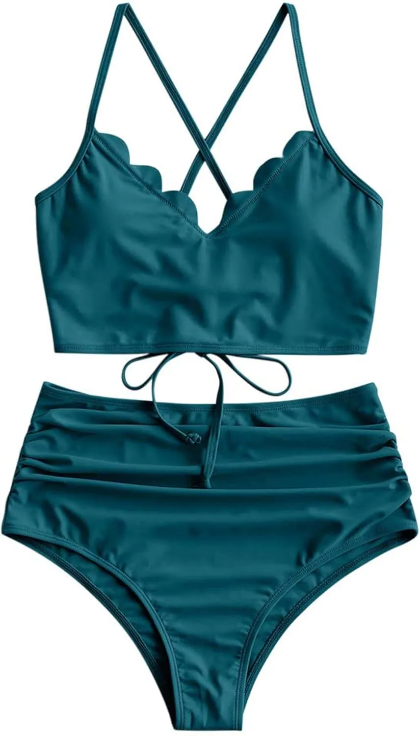 ZAFUL Women's Crisscross Ruched High Waisted Bottom Bikini Set Two Piece Swimsuit Tankini