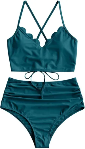 ZAFUL Women's Crisscross Ruched High Waisted Bottom Bikini Set Two Piece Swimsuit Tankini