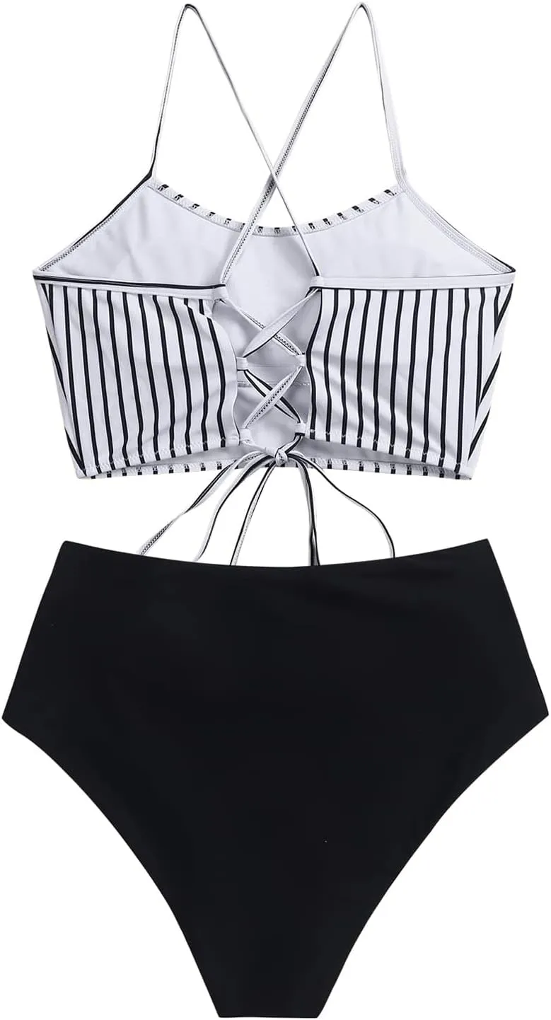 ZAFUL Women's Crisscross Ruched High Waisted Bottom Bikini Set Two Piece Swimsuit Tankini