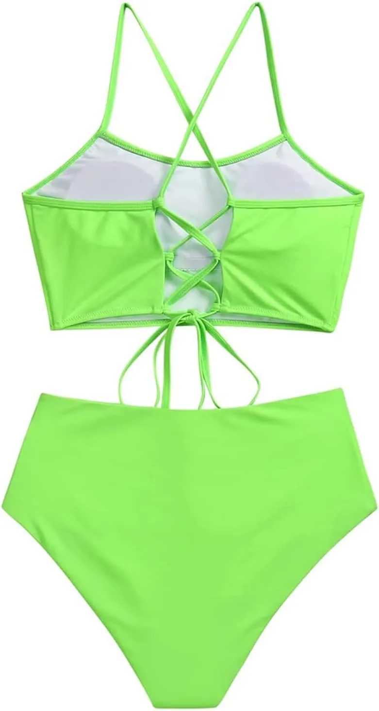 ZAFUL Women's Crisscross Ruched High Waisted Bottom Bikini Set Two Piece Swimsuit Tankini