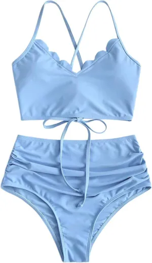 ZAFUL Women's Crisscross Ruched High Waisted Bottom Bikini Set Two Piece Swimsuit Tankini