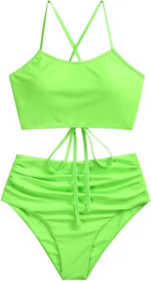 ZAFUL Women's Crisscross Ruched High Waisted Bottom Bikini Set Two Piece Swimsuit Tankini