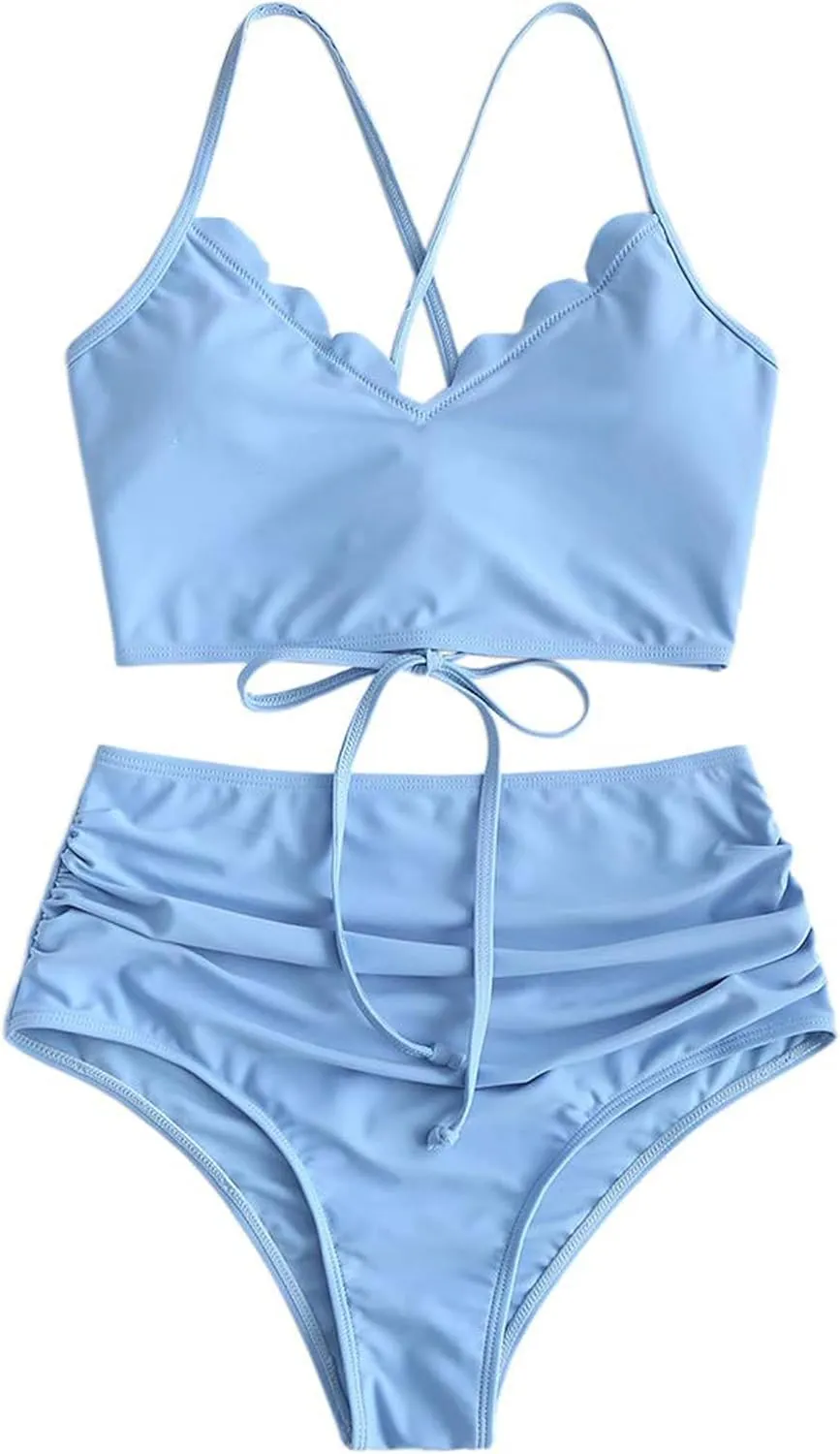 ZAFUL Women's Crisscross Ruched High Waisted Bottom Bikini Set Two Piece Swimsuit Tankini