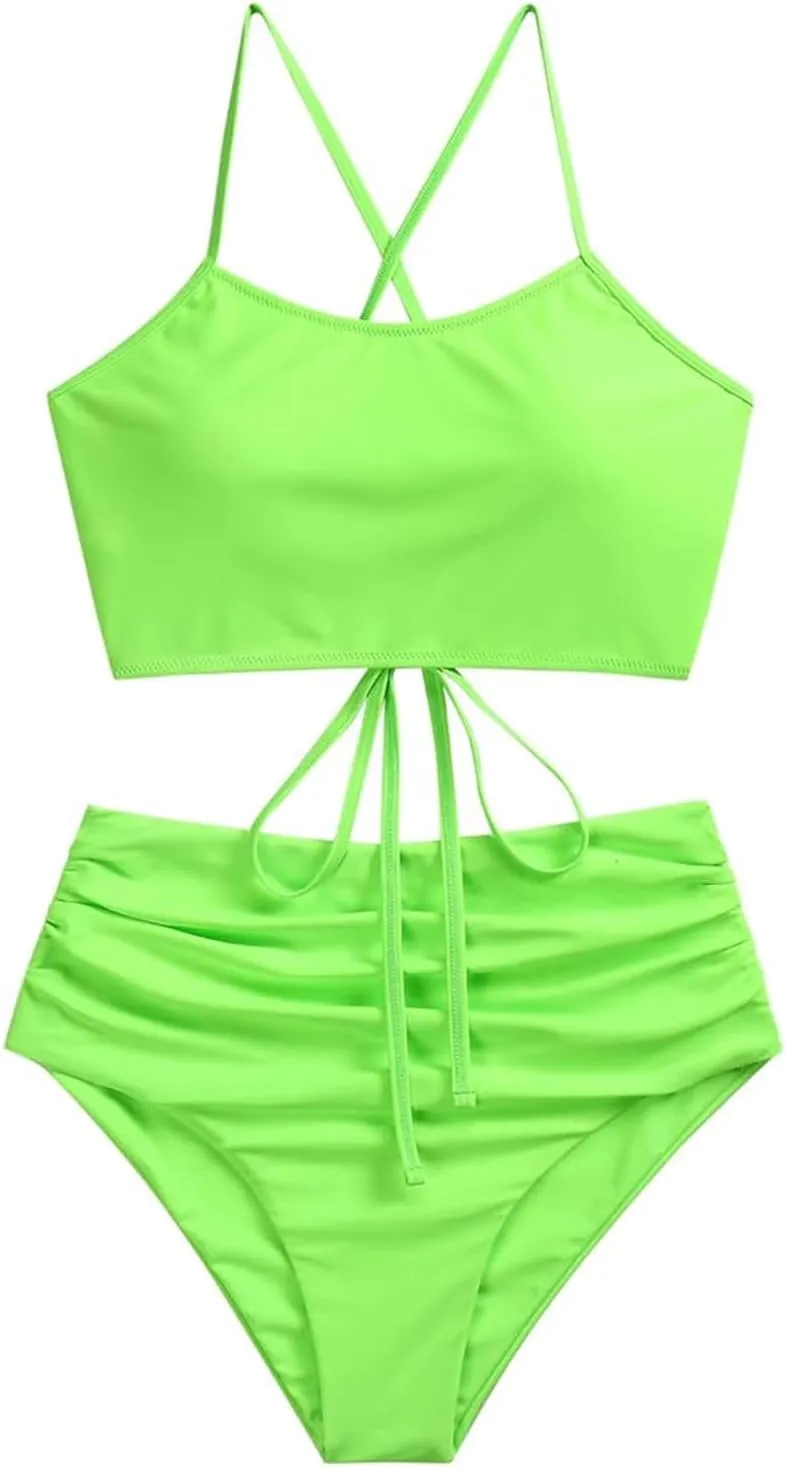 ZAFUL Women's Crisscross Ruched High Waisted Bottom Bikini Set Two Piece Swimsuit Tankini