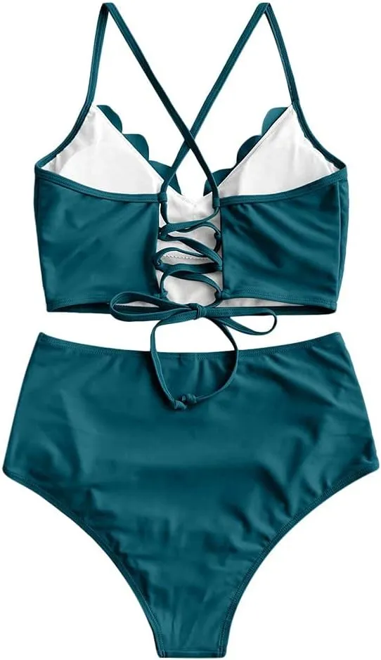 ZAFUL Women's Crisscross Ruched High Waisted Bottom Bikini Set Two Piece Swimsuit Tankini