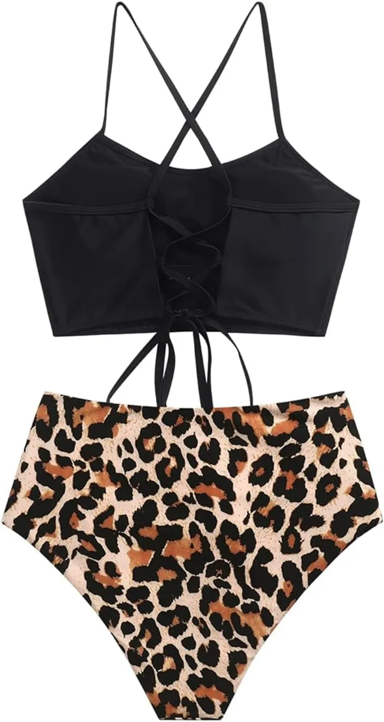 ZAFUL Women's Crisscross Ruched High Waisted Bottom Bikini Set Two Piece Swimsuit Tankini