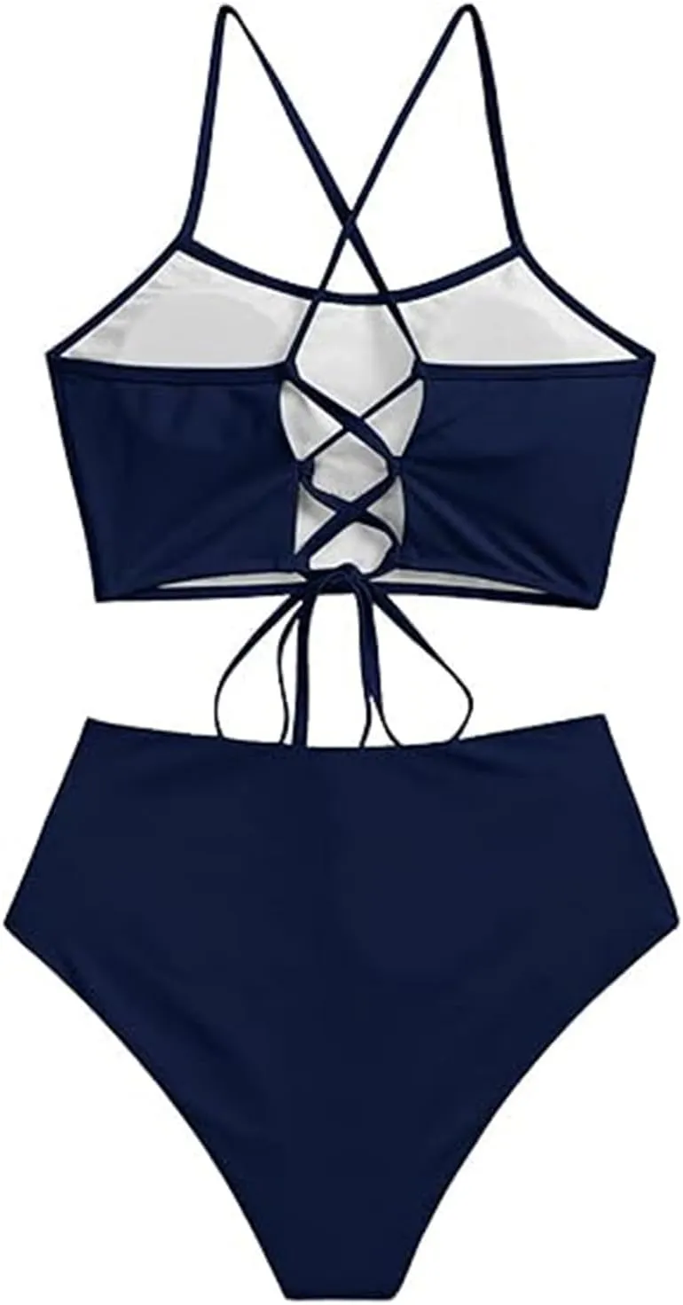 ZAFUL Women's Crisscross Ruched High Waisted Bottom Bikini Set Two Piece Swimsuit Tankini