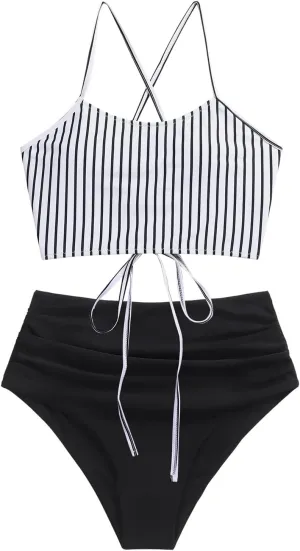ZAFUL Women's Crisscross Ruched High Waisted Bottom Bikini Set Two Piece Swimsuit Tankini