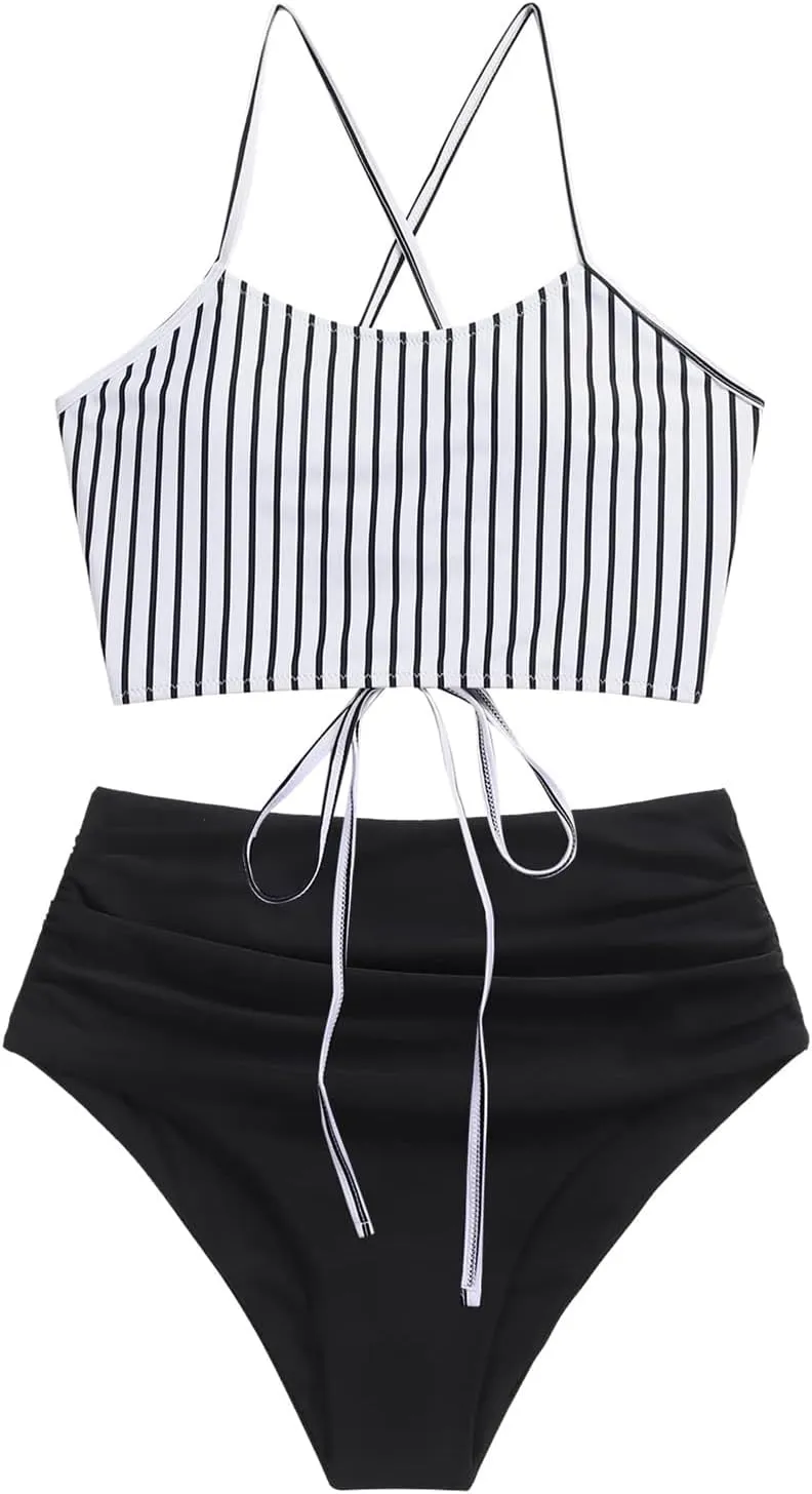 ZAFUL Women's Crisscross Ruched High Waisted Bottom Bikini Set Two Piece Swimsuit Tankini