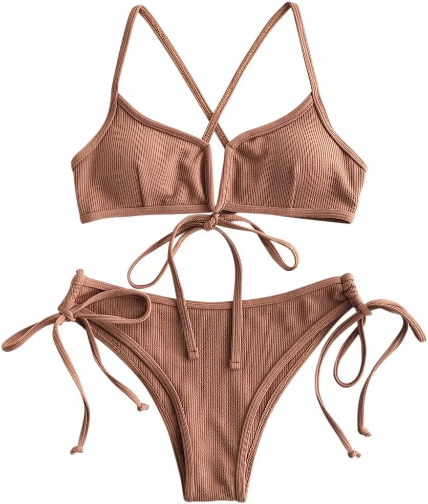ZAFUL Women's High Cut Bikini Sets Ribbed V-Wire Cami Bikini Two Piece Swimsuit
