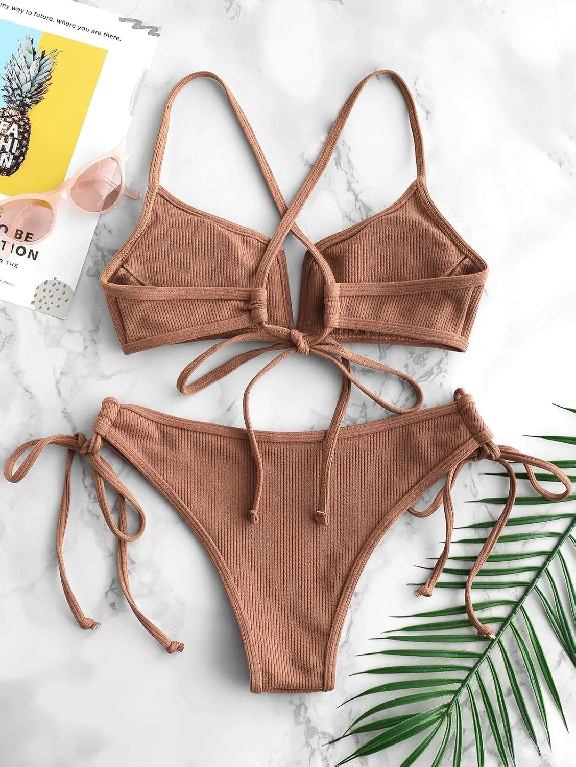 ZAFUL Women's High Cut Bikini Sets Ribbed V-Wire Cami Bikini Two Piece Swimsuit