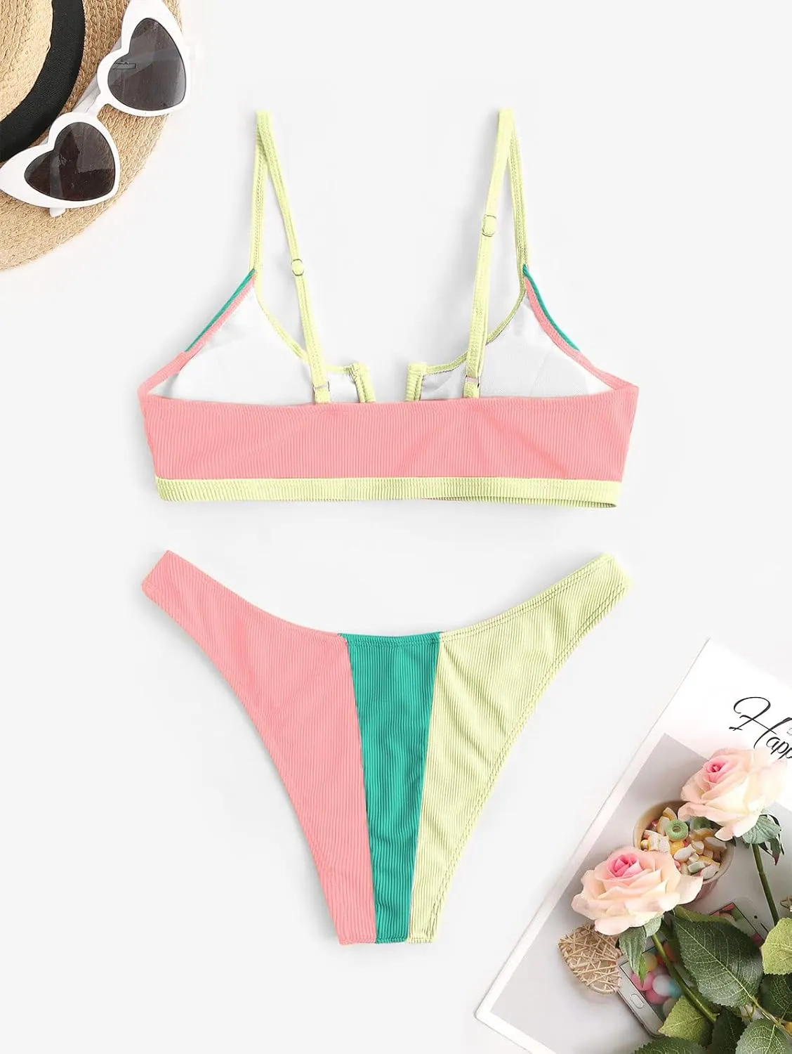 ZAFUL Women's High Cut Bikini Sets Ribbed V-Wire Cami Bikini Two Piece Swimsuit