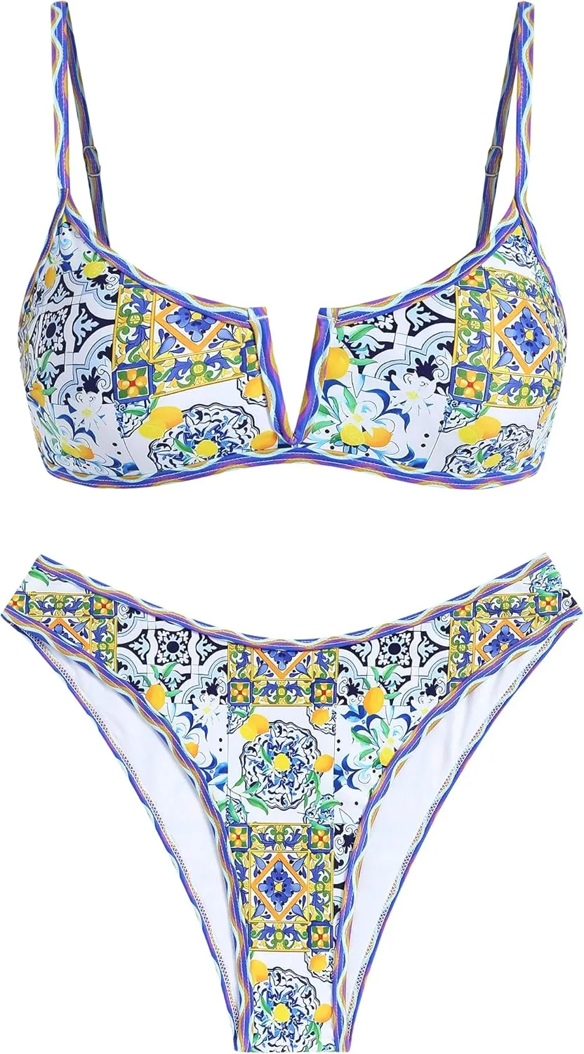 ZAFUL Women's High Cut Bikini Sets Ribbed V-Wire Cami Bikini Two Piece Swimsuit