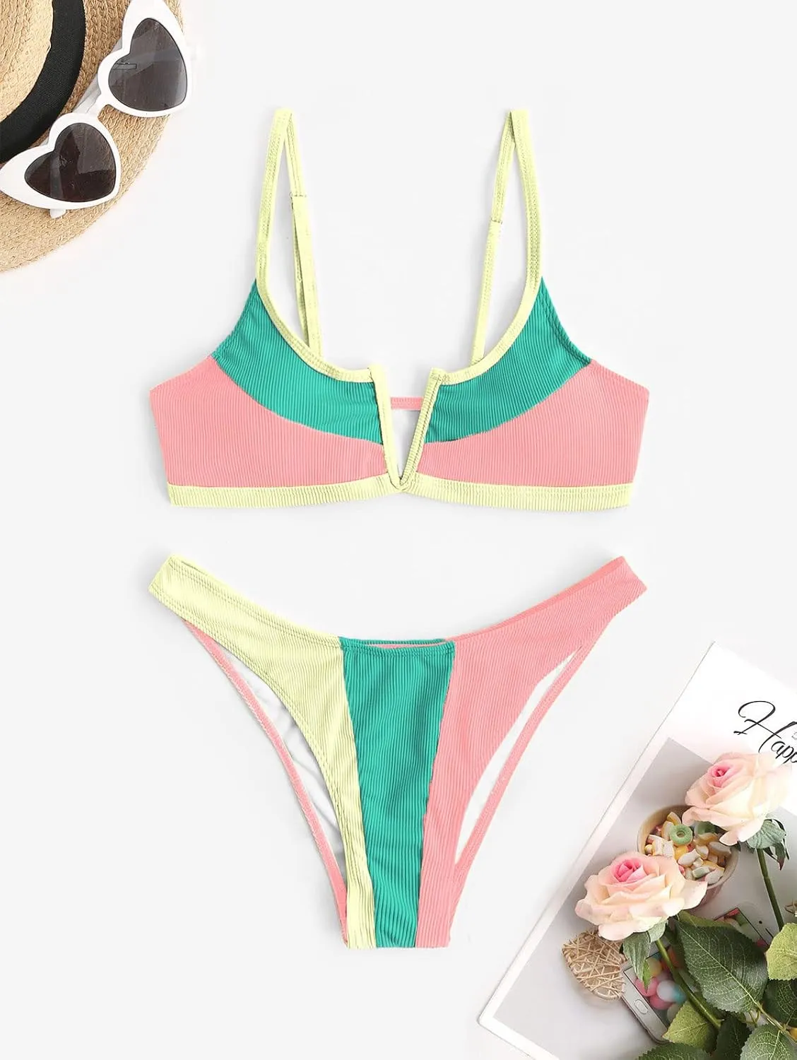 ZAFUL Women's High Cut Bikini Sets Ribbed V-Wire Cami Bikini Two Piece Swimsuit