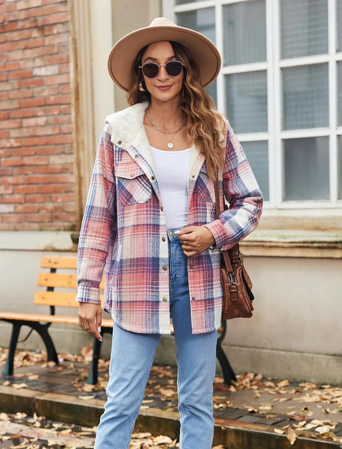 Zeagoo Womens Plaid Shacket Jacket Long Sleeve Button Down Fleece Hooded Jackets Warm Coat