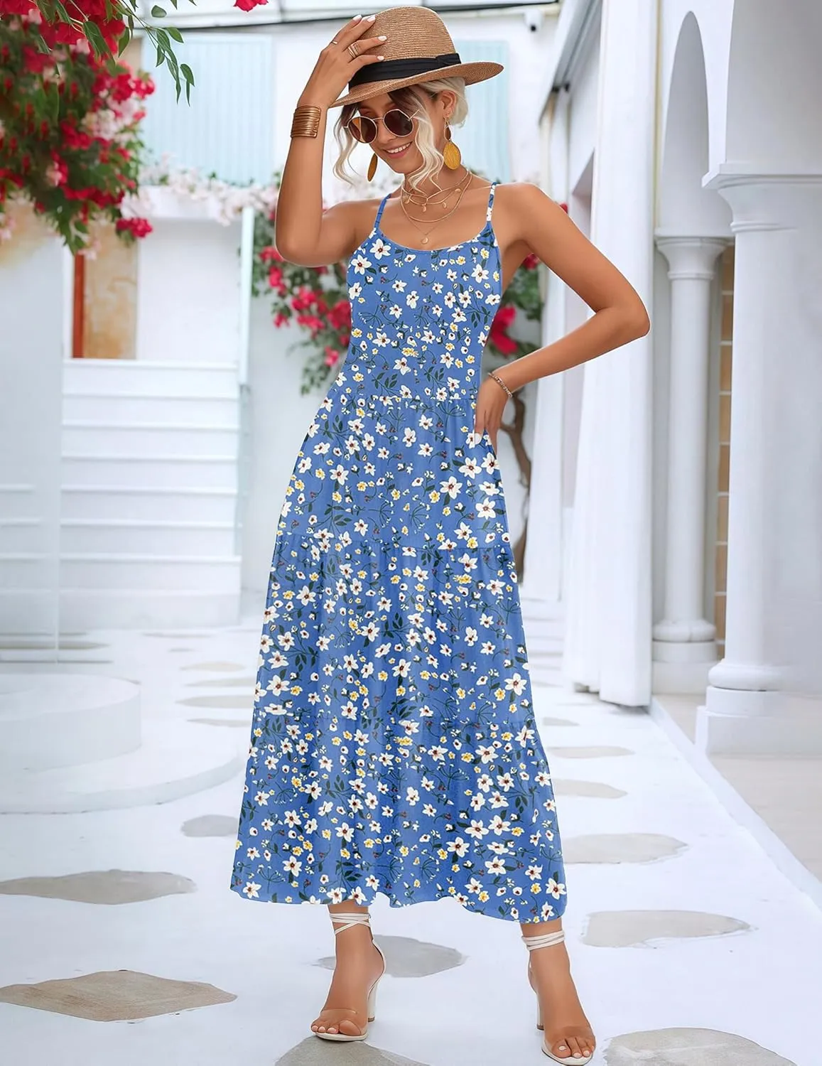Zeagoo Womens Summer Long Dress Adjustable Spaghetti Strap Floral Casual Dress with Pockets Flowy Tiered Beach Sundress