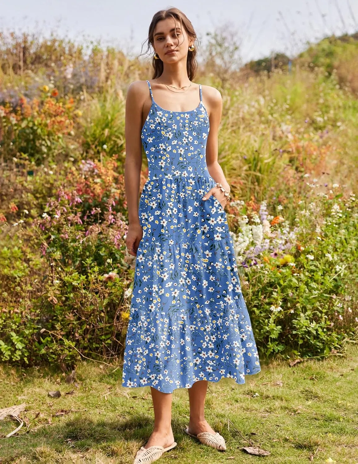 Zeagoo Womens Summer Long Dress Adjustable Spaghetti Strap Floral Casual Dress with Pockets Flowy Tiered Beach Sundress