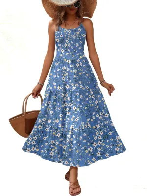 Zeagoo Womens Summer Long Dress Adjustable Spaghetti Strap Floral Casual Dress with Pockets Flowy Tiered Beach Sundress
