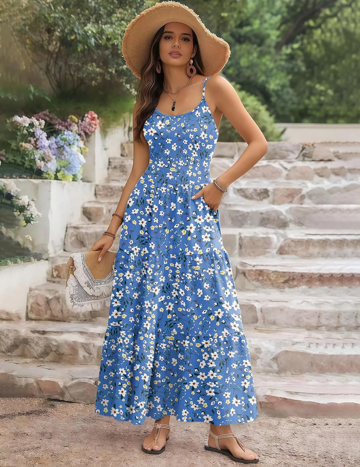 Zeagoo Womens Summer Long Dress Adjustable Spaghetti Strap Floral Casual Dress with Pockets Flowy Tiered Beach Sundress