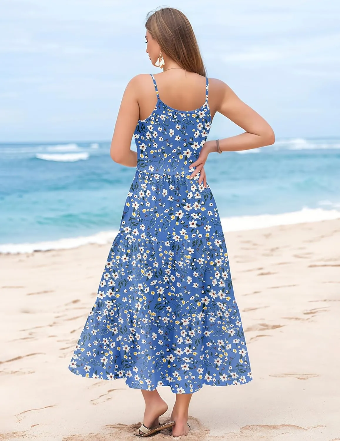 Zeagoo Womens Summer Long Dress Adjustable Spaghetti Strap Floral Casual Dress with Pockets Flowy Tiered Beach Sundress