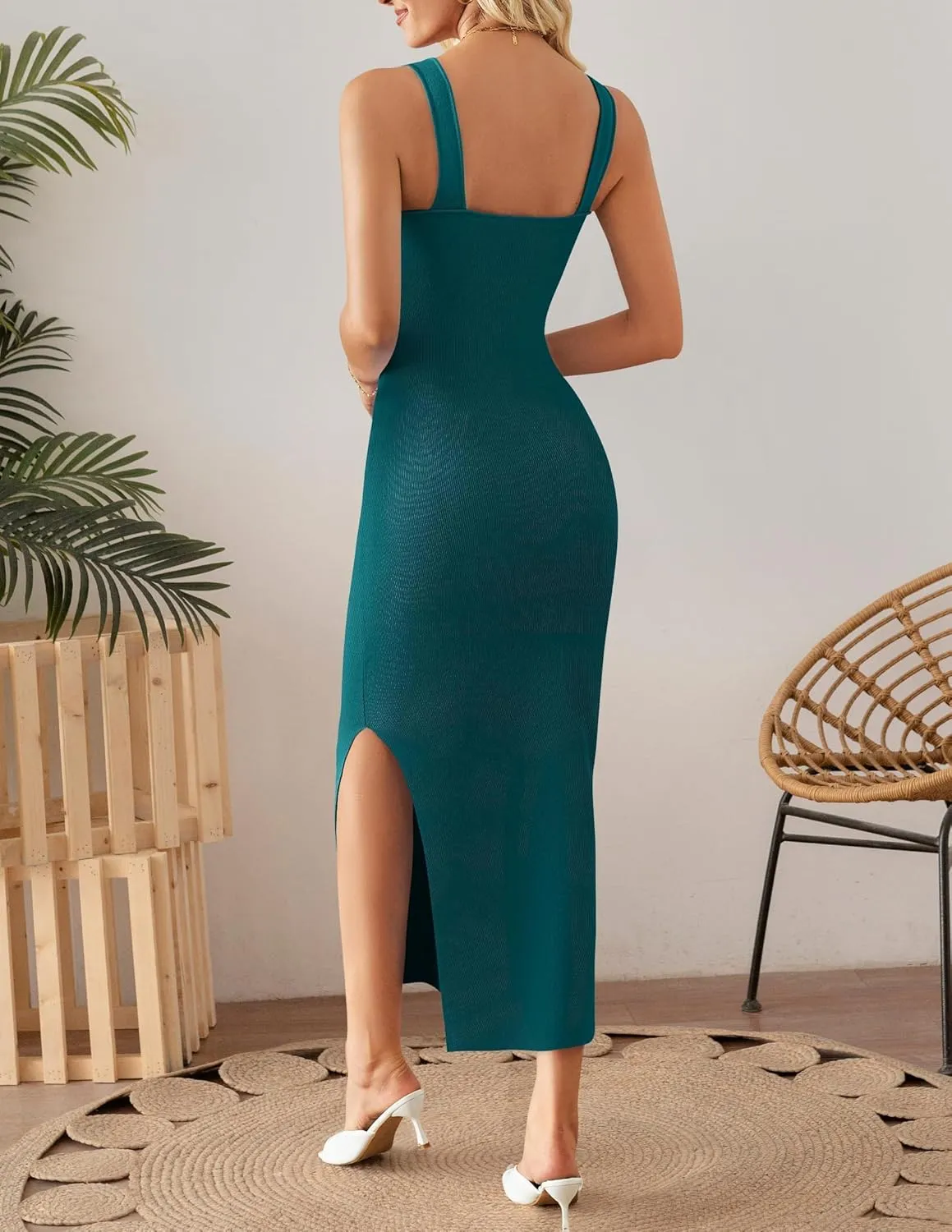 ZESICA Womens 2025 Summer Casual Square Neck Bodycon Midi Dresses Spring Sleeveless Side Slit Knit Beach Vacation Long Dress