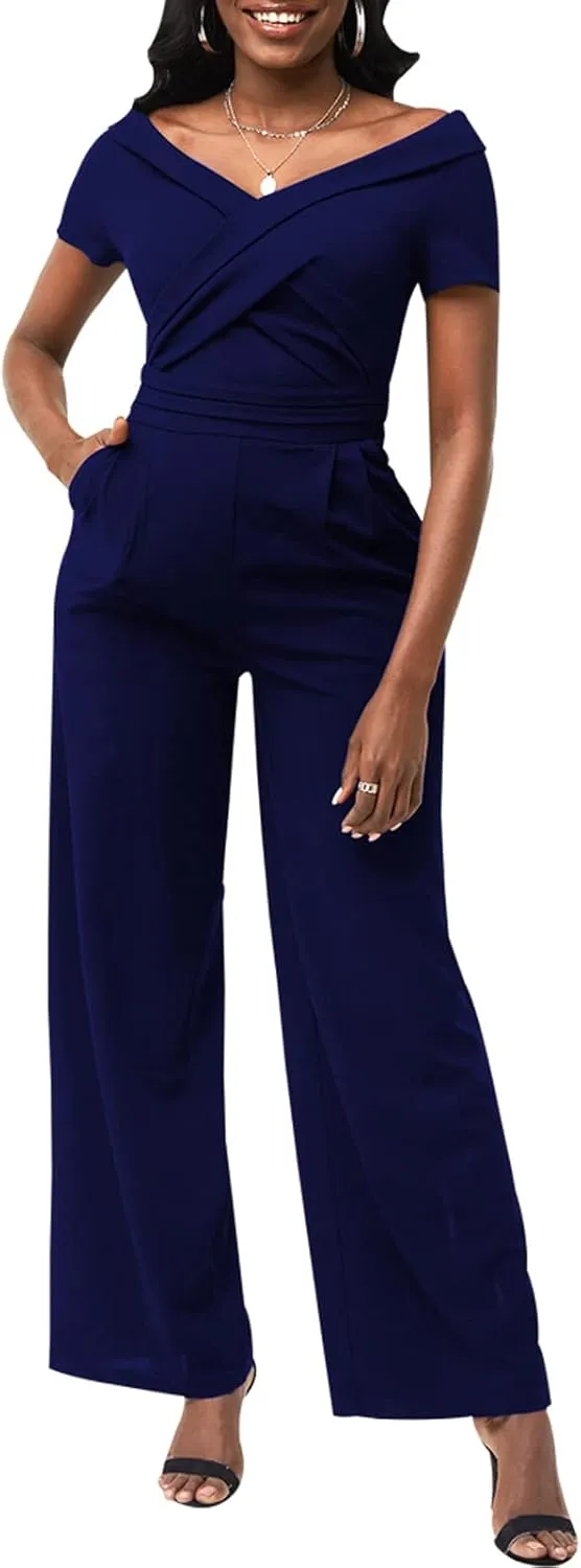 ZonJie Sexy Jumpsuits for Women Summer Plus Size Short Sleeve Party Rompers Dressy Club Wide Leg Long Pants