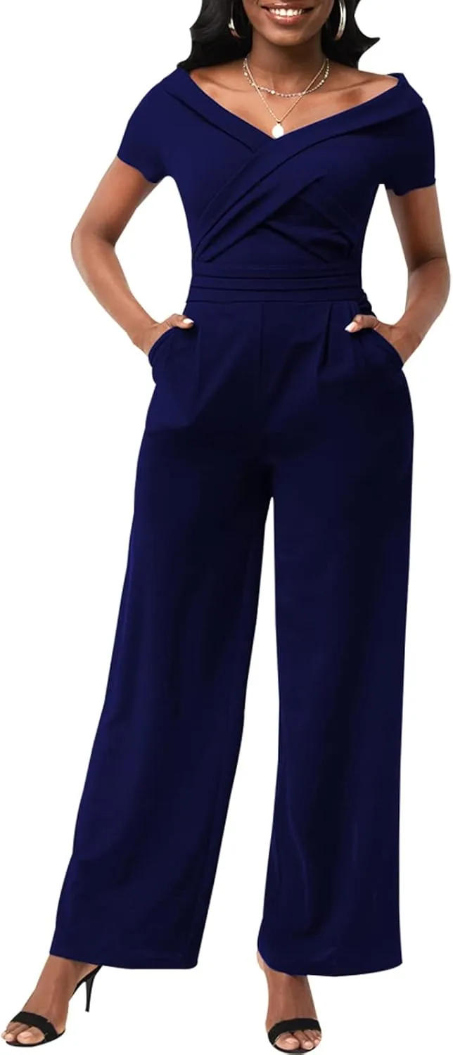 ZonJie Sexy Jumpsuits for Women Summer Plus Size Short Sleeve Party Rompers Dressy Club Wide Leg Long Pants