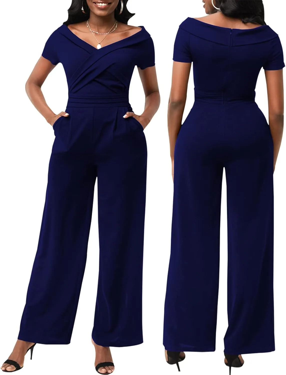 ZonJie Sexy Jumpsuits for Women Summer Plus Size Short Sleeve Party Rompers Dressy Club Wide Leg Long Pants