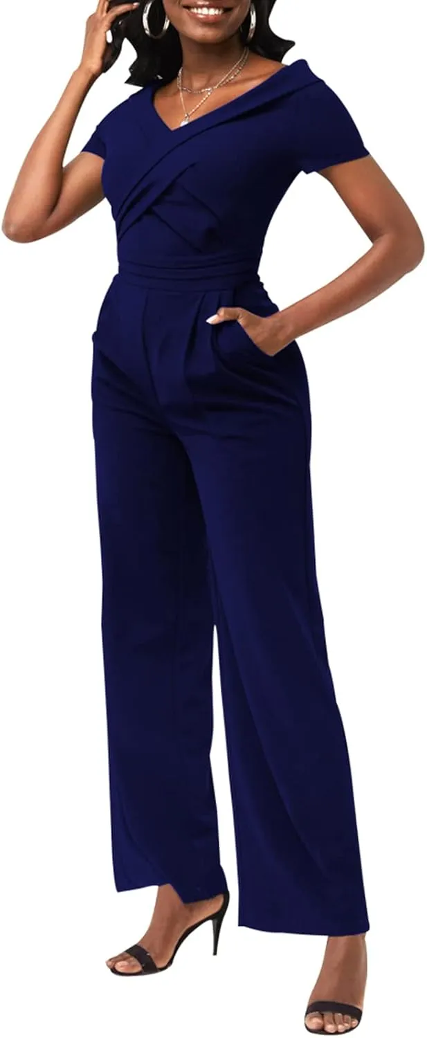 ZonJie Sexy Jumpsuits for Women Summer Plus Size Short Sleeve Party Rompers Dressy Club Wide Leg Long Pants