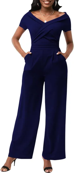 ZonJie Sexy Jumpsuits for Women Summer Plus Size Short Sleeve Party Rompers Dressy Club Wide Leg Long Pants